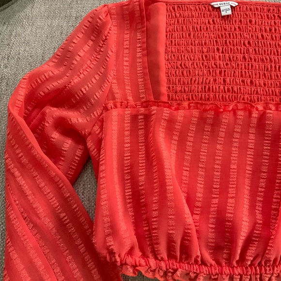 Guess Women's Vibrant Orange square neck long puff sleeve Blouse crop top. - Picture 6 of 10